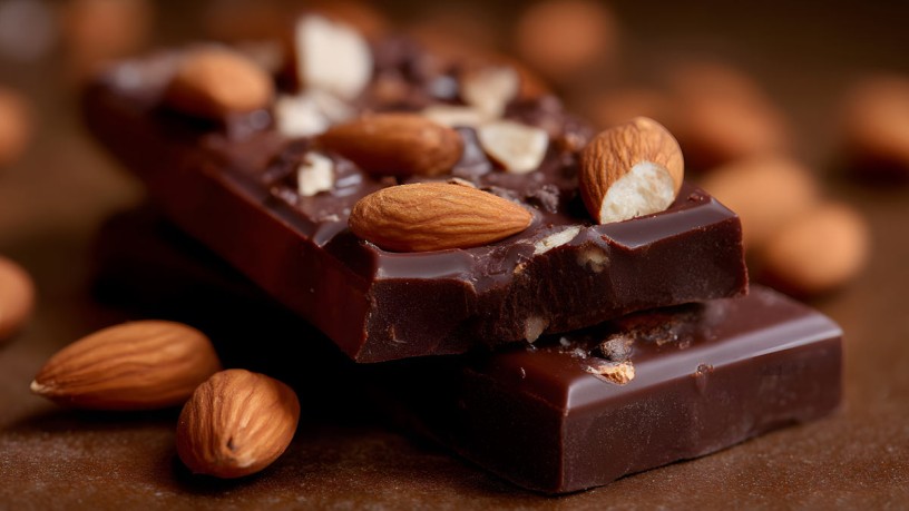 Close-up of dark chocolate with almonds as a symbolic image for superfood trends in the sweets industry