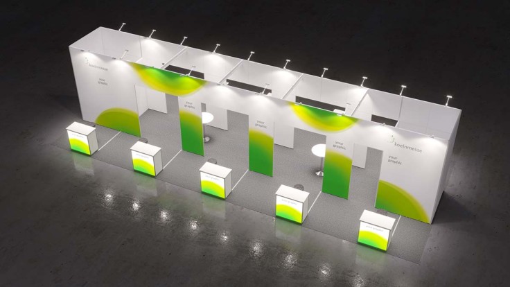 Custom-made row group stand in conventional construction in modern, straight-line design.