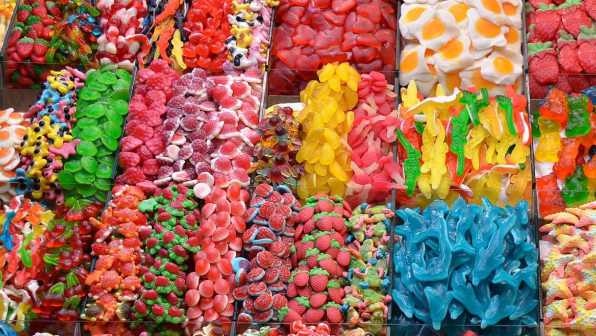 Display of colourful candies, fruit gums and innovative sweets as an example of sweets trends